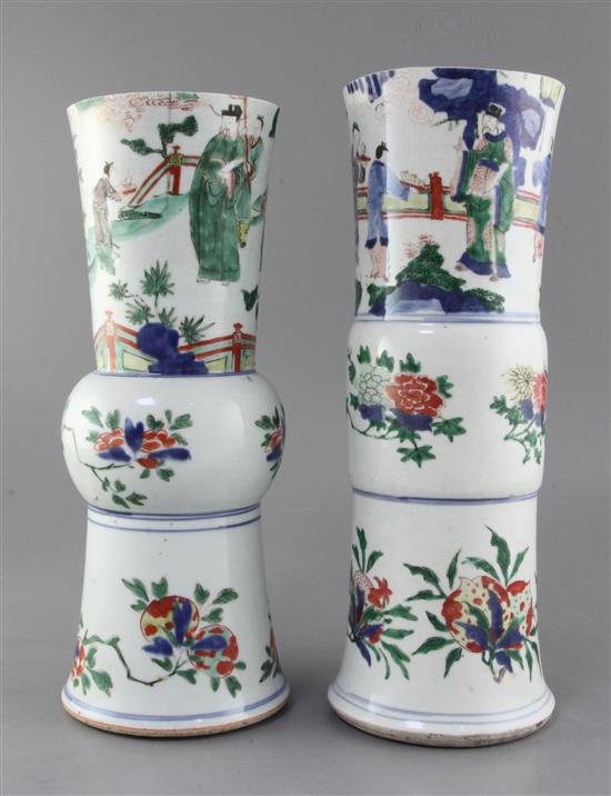 Two Chinese wucai beaker vases, Transitional period, 17th century, 35.5cm and 37cm, both necks reduced in height